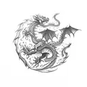 Downward facing dragon with flame clouds tattoo design idea