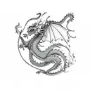 Downward facing dragon with flame clouds tattoo design idea
