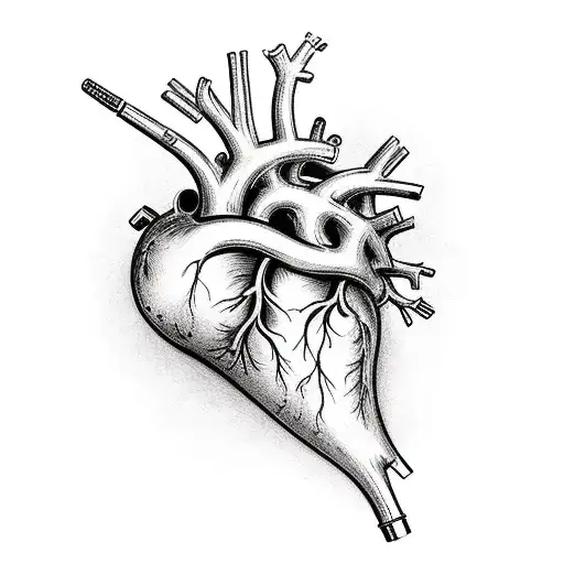 An anatomical heart with musical instruments as arteries tattoo design idea