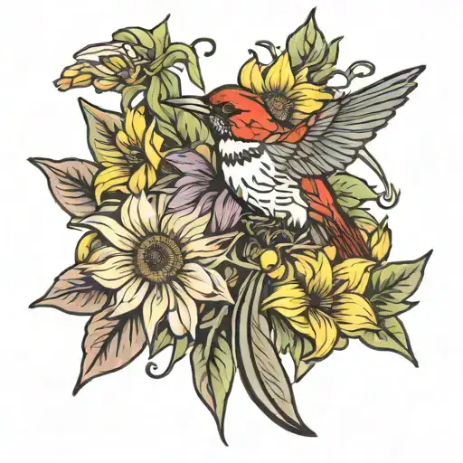 sunflower lily hummingbird cardinal perched tattoo design idea