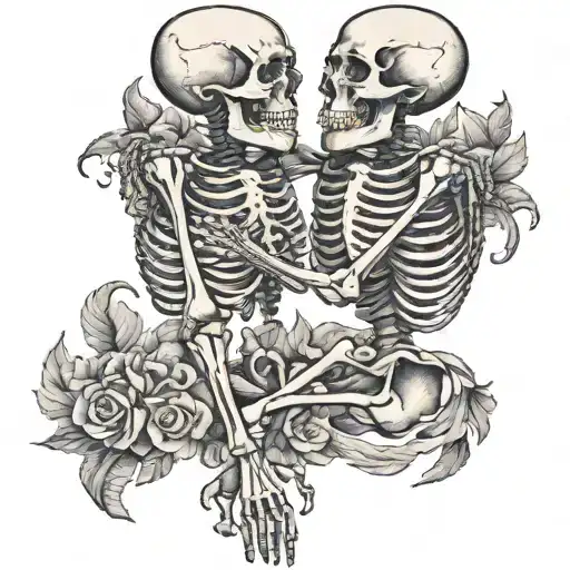 Two full body skeletons embracing each other with love at the beach tattoo design idea