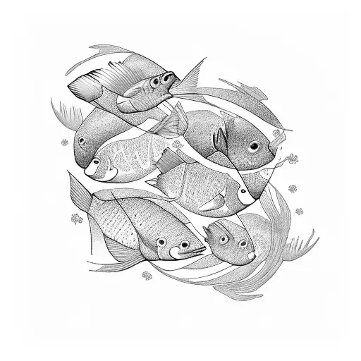 A school of fish swimming through a garden of blooming flowers tattoo design idea