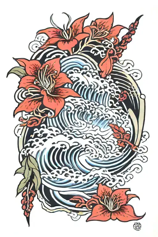 japanese style waves with red spiderlily blossoming tattoo design idea