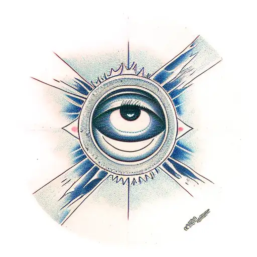 all seeing eye surrounded by a storm at the top and light aces at the bottom tattoo design idea