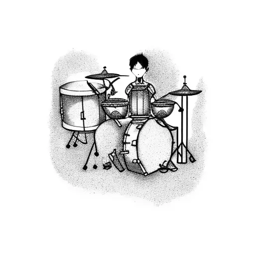 A drum set nestled in a serene outdoor landscape, with anime characters enjoying the music tattoo design idea