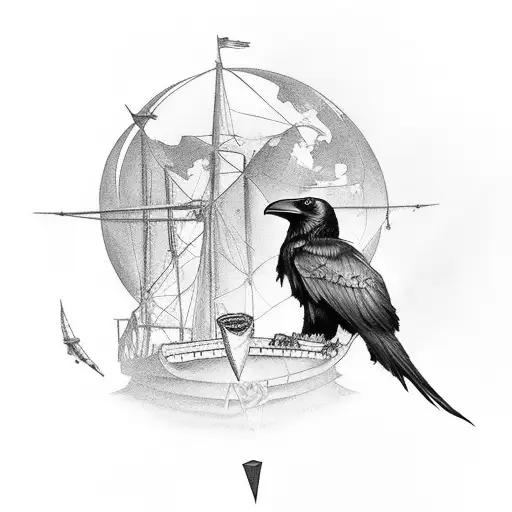 Raven perched on a ship's mast, symbolizing freedom and exploration tattoo design idea