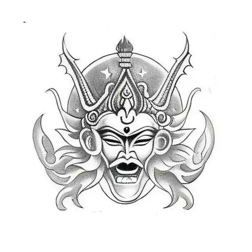 Lord Surya with angry face like Balinese mask tattoo design idea