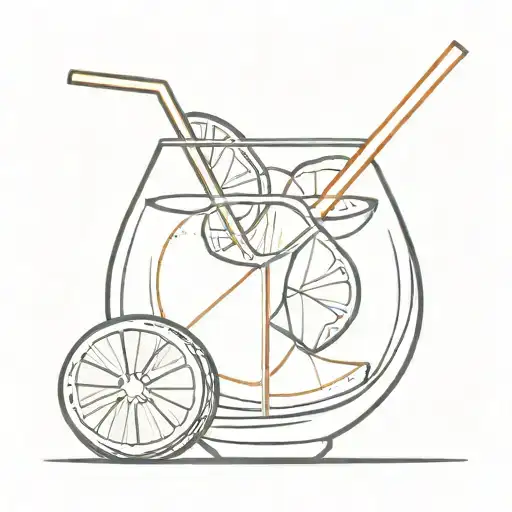 Wine glass filled with orange slice and ice cube and a straw with thin lines without color tattoo design idea