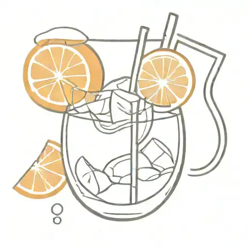 Wine glass filled with orange slice and ice cube and a straw with thin lines without color tattoo design idea