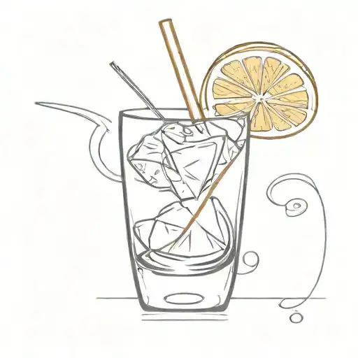 Wine glass filled with orange slice and ice cube and a straw with thin lines without color simple details tattoo design idea