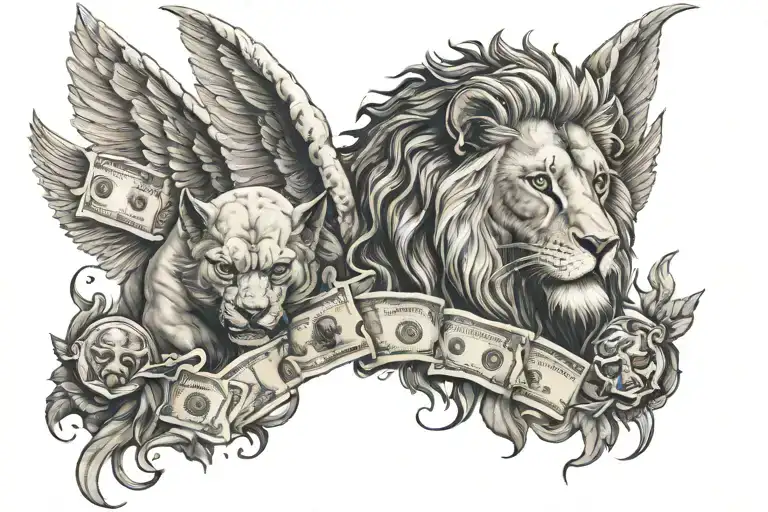 devil, lion , wings, money,  tattoo design idea