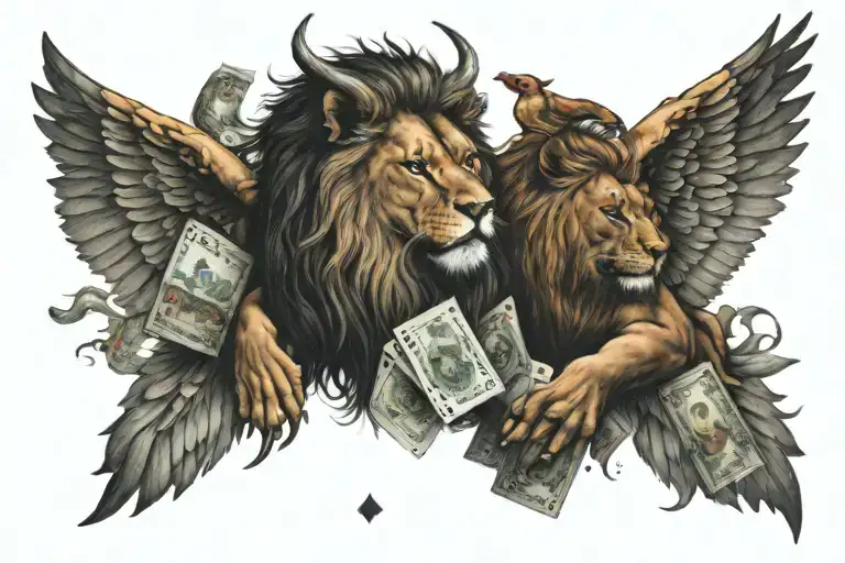 devil, lion , wings, money, poker tattoo design idea
