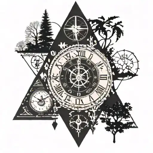 a forest in a triangle, a clock in Roman numerals, a rosary, the continents tattoo design idea