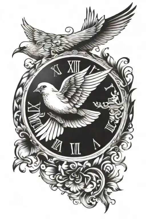 dove clock face tattoo design idea