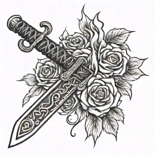 katana with flaming roses tattoo design idea