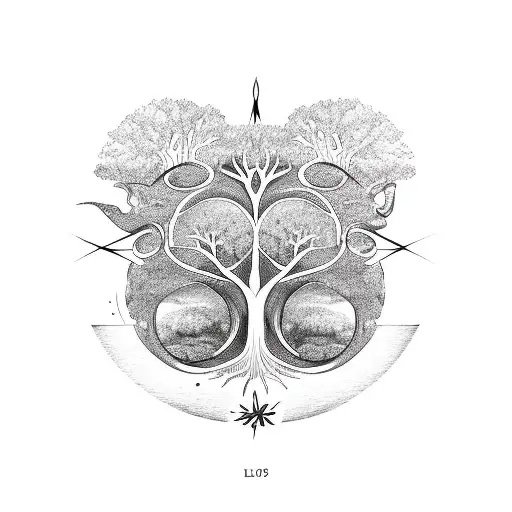 Life cycle of a tree intertwined with zodiac symbols of Virgo, Leo, and Pisces tattoo design idea