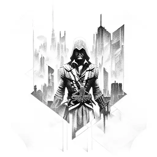 Combine elements from Assassin's Creed and CyberPunk in a futuristic cityscape tattoo design idea