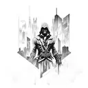 Combine elements from Assassin's Creed and CyberPunk in a futuristic cityscape tattoo design idea