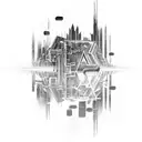 Combine elements from Assassin's Creed and CyberPunk in a futuristic cityscape tattoo design idea