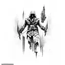 Combine elements from Assassin's Creed and CyberPunk in a futuristic cityscape tattoo design idea