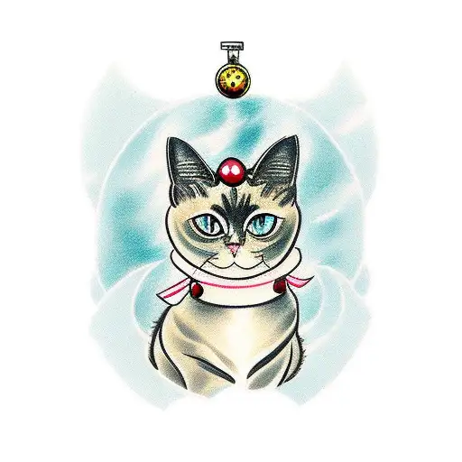 boy siamese cat in locket, fluffy girl cat in locket tattoo design idea
