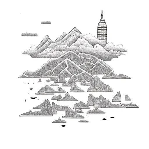 Whitianga skyline with a foundation drilling machine tattoo design idea