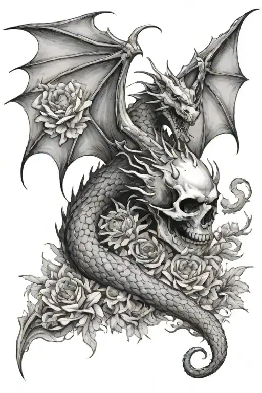 flying dragon with a skull in the mouth, wrapping around while flying up, surrounded by chrysanthemums and eldewiess tattoo design idea