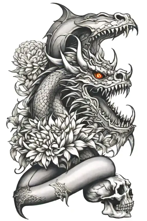 flying dragon with a skull in the mouth, wrapping around while flying up, surrounded by chrysanthemums and eldewiess tattoo design idea
