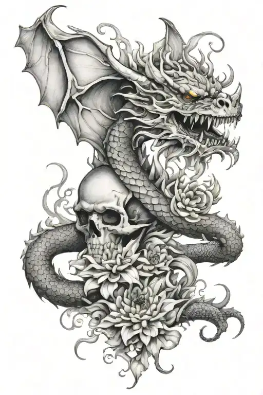 flying dragon with a skull in the mouth, wrapping around while flying up, surrounded by chrysanthemums and eldewiess tattoo design idea
