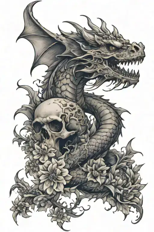 flying dragon with a skull in its mouth, wrapping around while flying up, surrounded by chrysanthemums and eldenweiss tattoo design idea