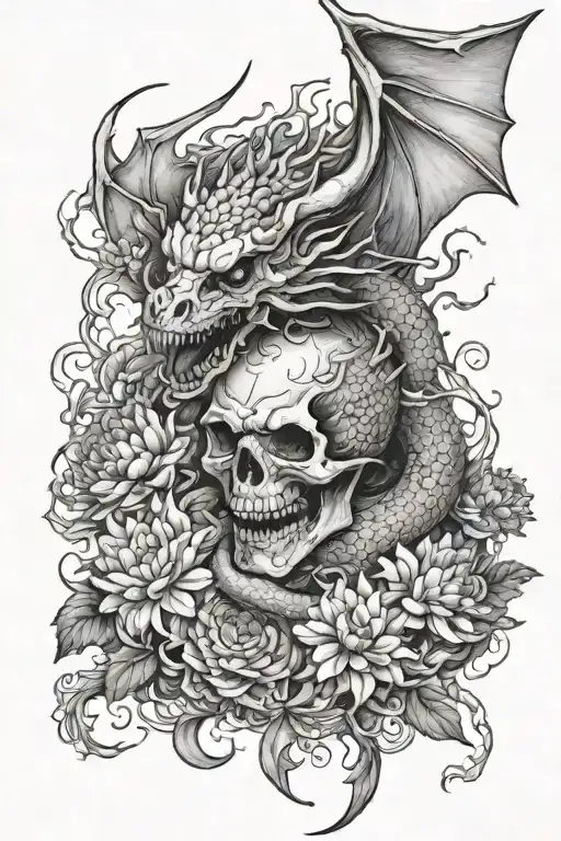 flying dragon with a skull in the mouth, wrapping around while flying up, surrounded by chrysanthemums and eldewiess tattoo design idea
