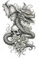 flying dragon with a skull in the mouth, wrapping around while flying up, surrounded by chrysanthemums and eldewiess tattoo design idea