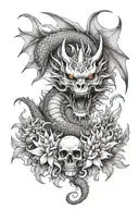 flying dragon with a skull in the mouth, wrapping around while flying up, surrounded by chrysanthemums and eldewiess tattoo design idea