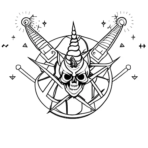 A minimalist tattoo of a metal skull with a unicorn horn piercing through it tattoo design idea