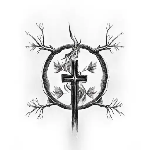 burning woods with cross in an opening  tattoo design idea
