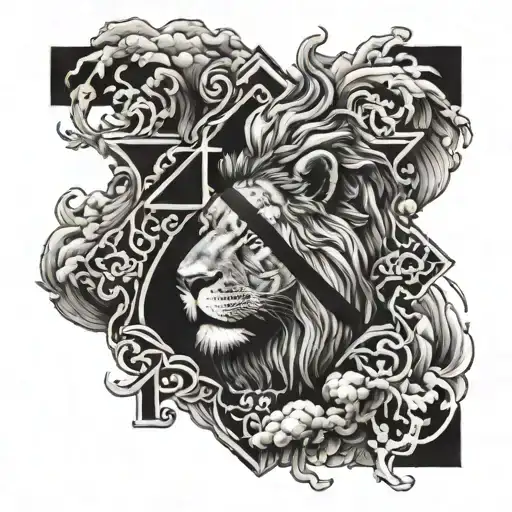 cross with lion fire and clouds of smoke tattoo design idea