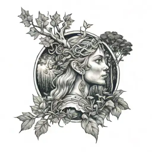 goddess freya looking at forest scene tattoo design idea
