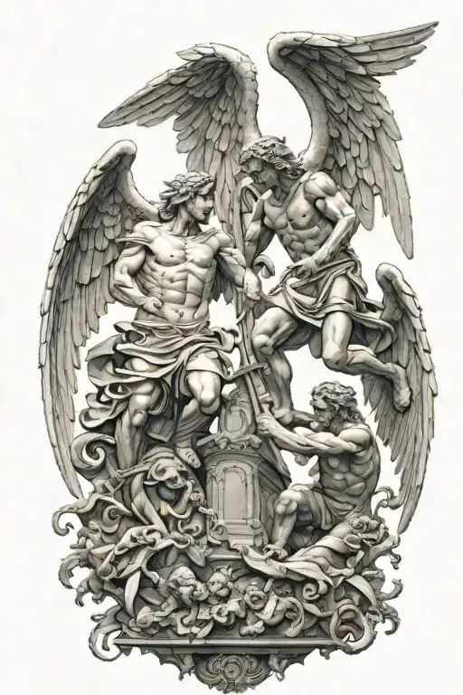 angels vs demons fighting each other statue tattoo design idea