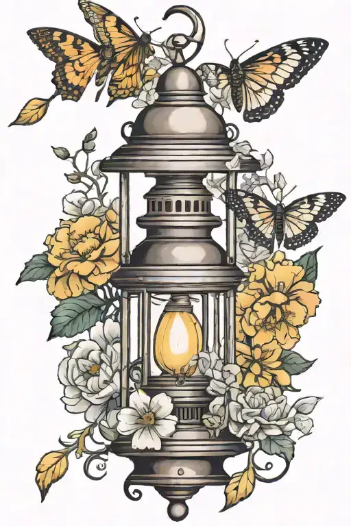 Lantern and moth and marigolds tattoo design idea
