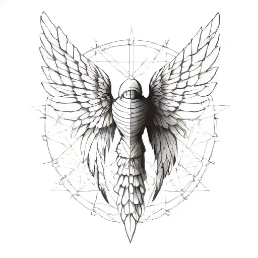 wings like icarus or sumerian god with geometric axis tattoo design idea