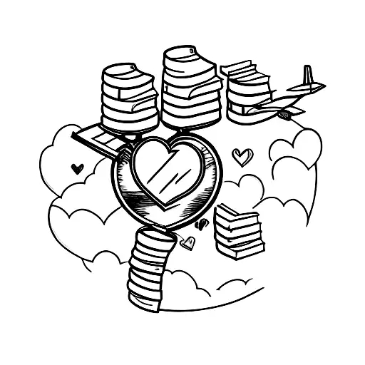A coffee mug with a heart + books + earth globe with a plane around it tattoo design idea
