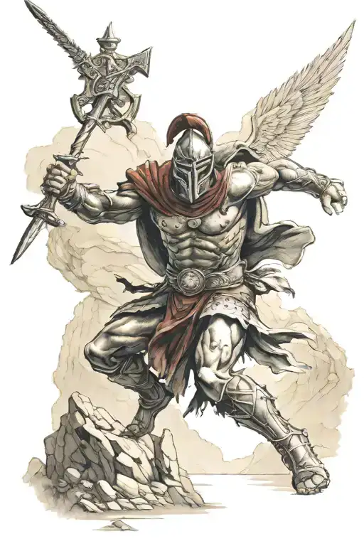 spartan warrior fighting demons on mountain landscape tattoo design idea