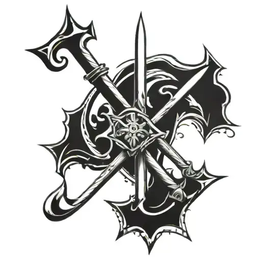A black and white tattoo design of two crossed spears forming an "X," and the letters "JG" carved into the shafts tattoo design idea