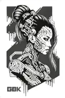 cyberpunk girl with human face with cyber tribal tattoo design idea