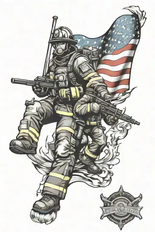mirror image firefighter and B-1 pilot  american flag sleeve tattoo design idea