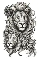 female lion face and pisces fish and aries ram tattoo design idea