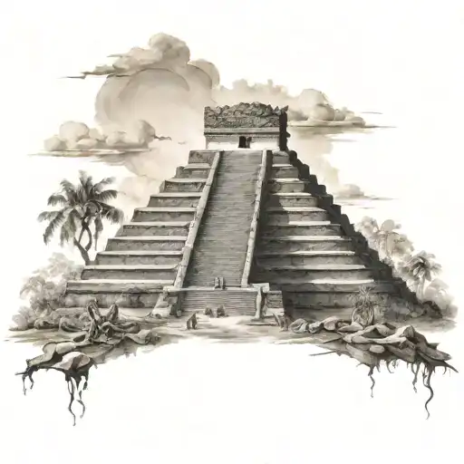 I'm climbing the Mayan pyramid with determination. At the top are the leather elements of nature in a catastrophic way. tattoo design idea