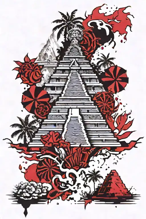 Four elements of nature in their catastrophic states, at the top of the Mayan pyramid, I climb to the top. tattoo design idea
