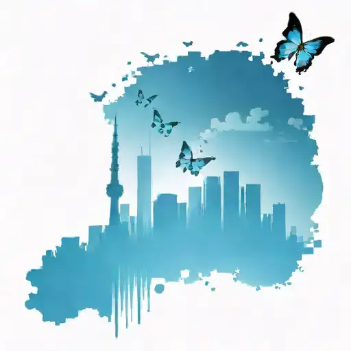 A Tokyo skyline silhouette with pixelated blue butterflies flying above, reflecting your admiration for Tokyo and video games tattoo design idea