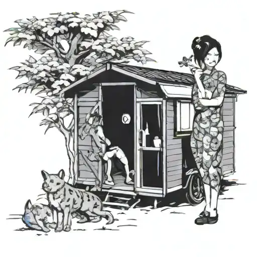 shed, caravan, weed, friends,  tattoo design idea